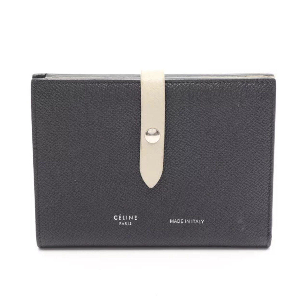 Celine Strap Multi Function Bi fold Wallet Leather Black Beige Cream